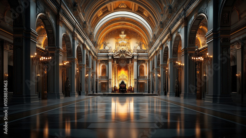 Ornate grand hall with high arched ceilings and elaborate decorative elements featuring a prominent throne under golden lighting, reflecting opulence and majesty in classic architectural style. photo