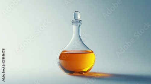 A glass bottle with a round body and a stopper sits on a white surface, filled with a bright amber liquid.