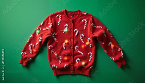 Red Christmas Sweater with Candy Cane and LED Light Design on Green Background