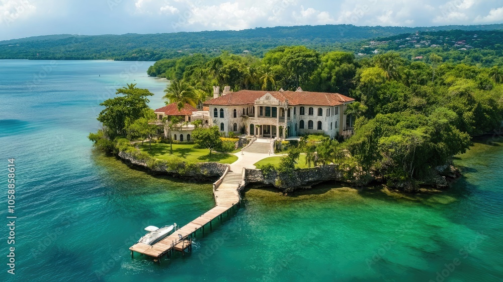 A luxurious white mansion sits on a small island with a pristine dock leading to the turquoise water. A luxurious white mansion sits on a small island with a pristine dock leading to the turquoise water.