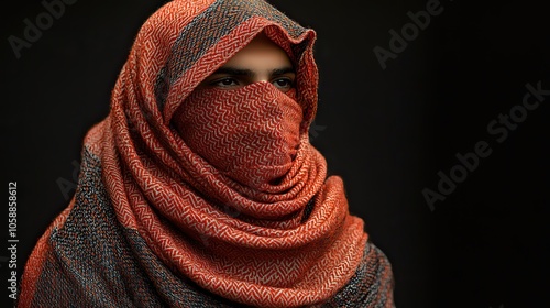 The traditional red shemagh headscarf worn by Saudi men is set against black background with space for text