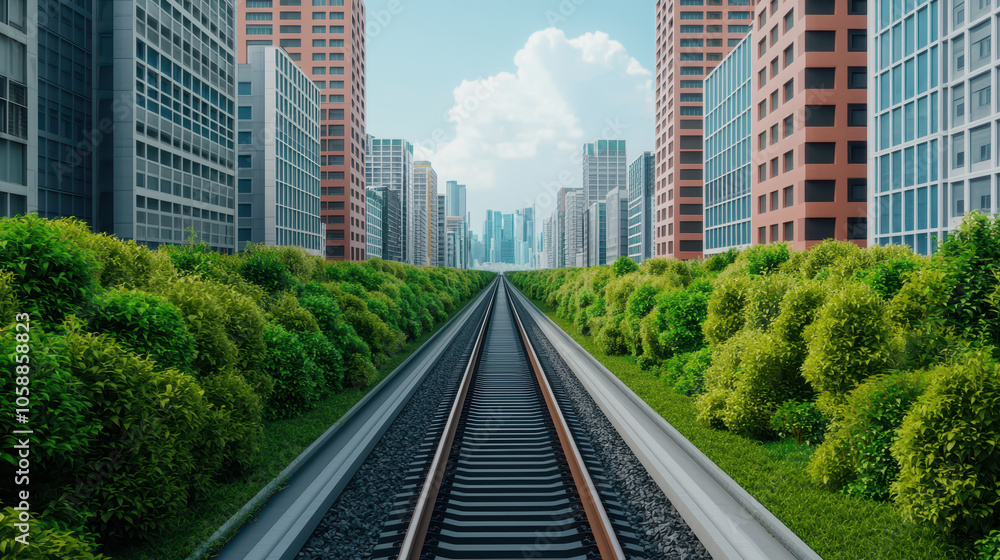 Urban landscape with green technology and railway tracks in city Urban landscape with green technology and railway tracks in city