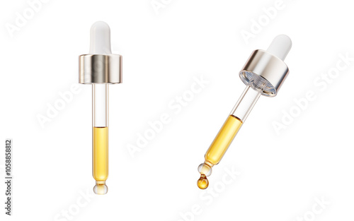 Fotografía Golden cosmetics liquid dropper and liquid drop, 3d rendering.