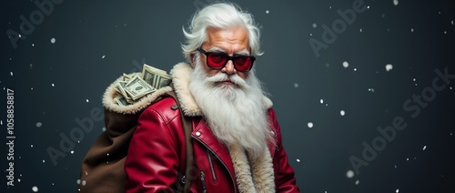 A trendy Santa Claus wearing sunglasses and a red coat, carrying a bag filled with money against a snowy background. Perfect for holiday, Christmas, finance, and winter themed projects.

 photo