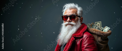 A trendy Santa Claus wearing sunglasses and a red coat, carrying a bag filled with money against a snowy background. Perfect for holiday, Christmas, finance, and winter themed projects.

 photo