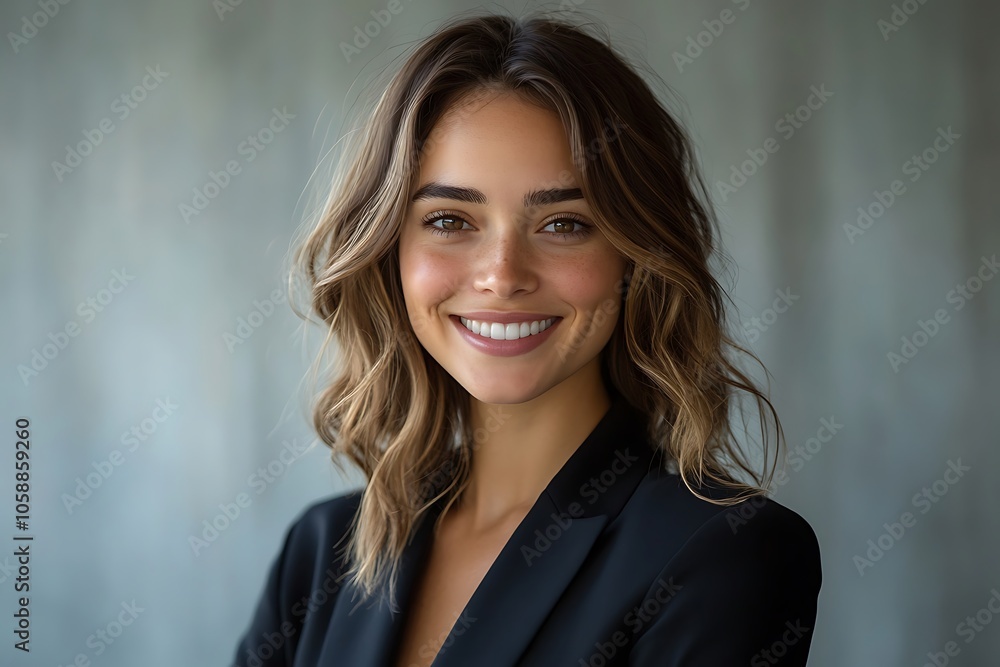 Smiling Woman with Hazel Eyes and Black Blazer Portrait Smiling Woman with Hazel Eyes and Black Blazer Portrait