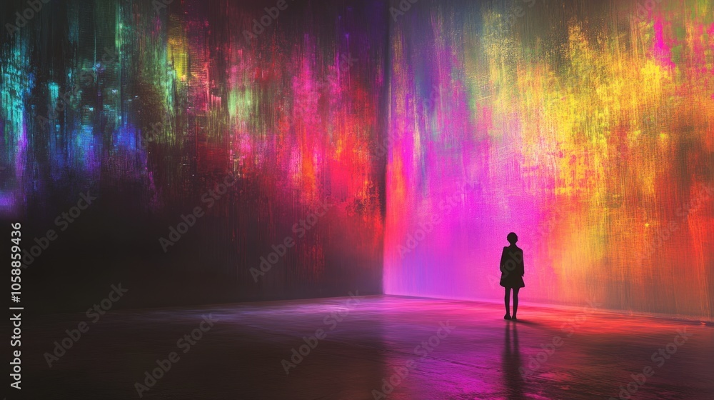 Silhouette of a Woman Standing Before a Vibrant Wall Silhouette of a Woman Standing Before a Vibrant Wall