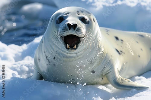 Harp seals are large marine mammals with a bulky body short snout and many teeth on both jaws photo