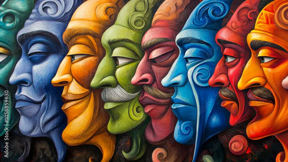 A colorful painting of eight faces, each with a unique expression, depicts a variety of human emotions A colorful painting of eight faces, each with a unique expression, depicts a variety of human emotions