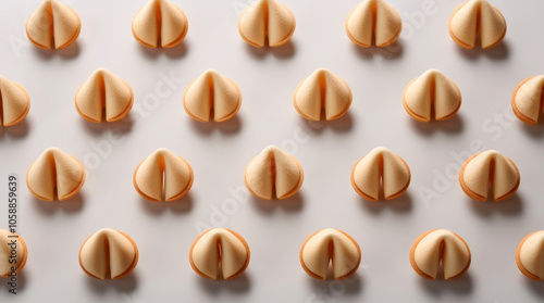 Traditional vanilla fortune cookies on a light gray background, laid out in a pattern