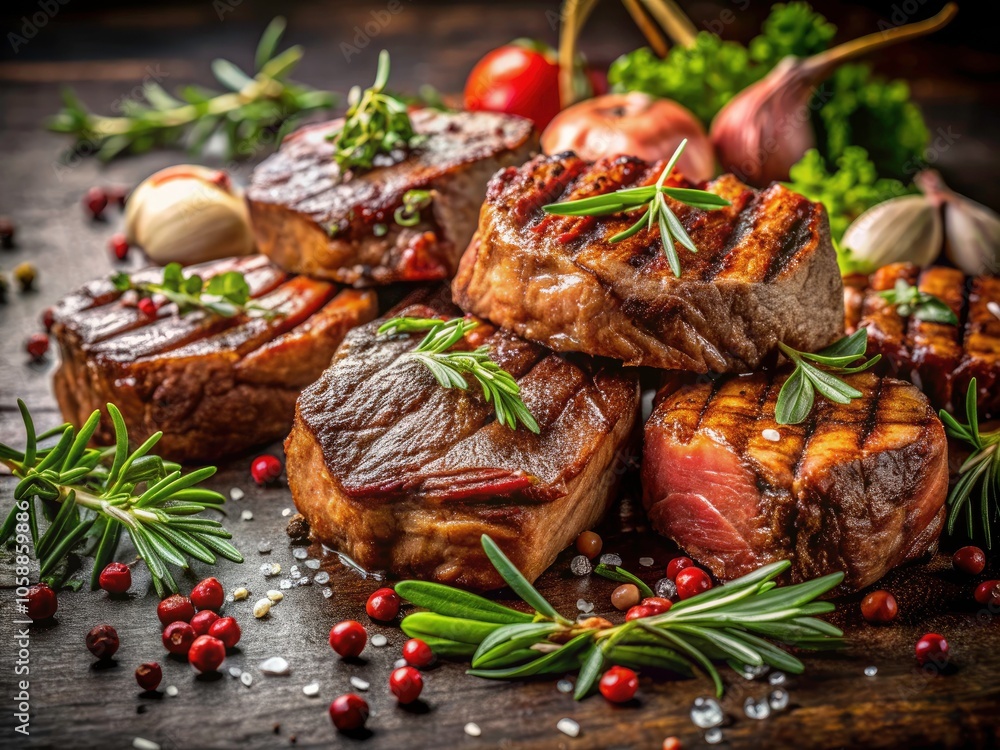Exquisite Grilled Meat Presentation with Fresh Herbs on Dark Background for Culinary Photography Exquisite Grilled Meat Presentation with Fresh Herbs on Dark Background for Culinary Photography