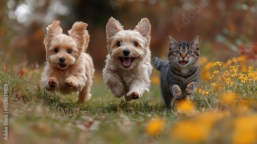 Three playful dogs and one cat running across grassy field, full of energy and joy photo