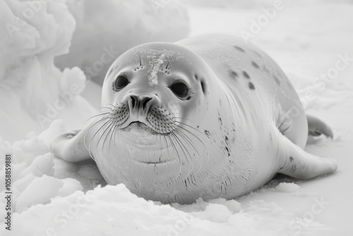 Harp seals have a robust body are about 5 feet long and weigh 260 300 pounds with a small flat head narrow snout and eight pairs of teeth photo