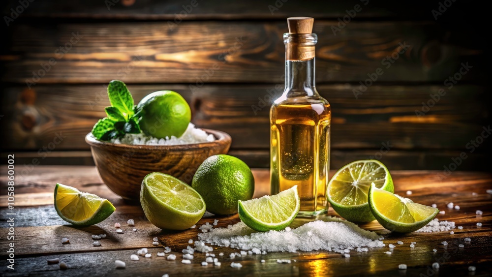 Exquisite Mexican Gold Tequila with Lime and Salt on Rustic Wooden Table Perfect for Product Photography and Creative Advertising Exquisite Mexican Gold Tequila with Lime and Salt on Rustic Wooden Table Perfect for Product Photography and Creative Advertising