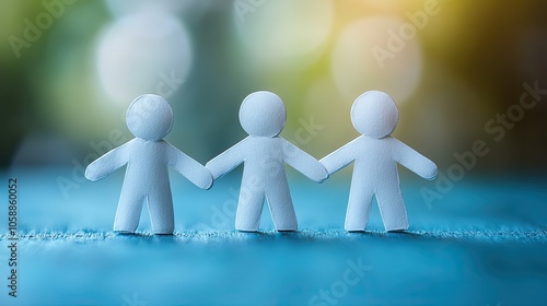 Three white paper figures holding hands on blue background, representing unity and teamwork