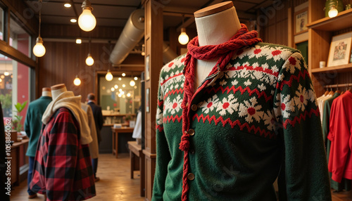 Wallpaper Mural Green holiday cardigan with red scarf on mannequin in boutique Torontodigital.ca
