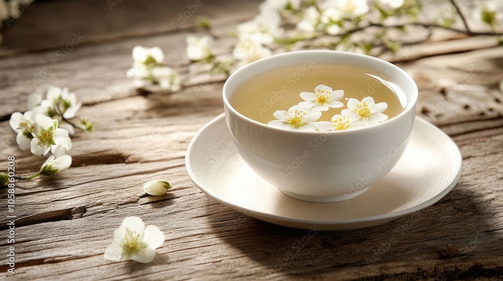 Delicate flower tea elegantly served in a white cup on a rustic wooden table. The serene setting complements the beauty of flower tea, creating a perfect photo style with ample copy space. Delicate flower tea elegantly served in a white cup on a rustic wooden table. The serene setting complements the beauty of flower tea, creating a perfect photo style with ample copy space.