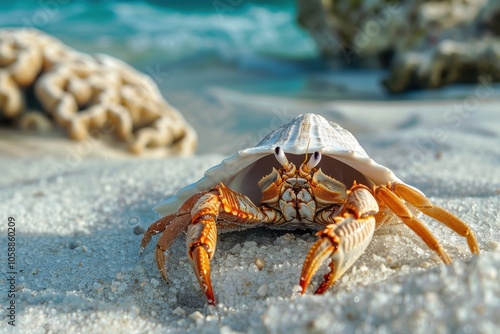 Hermit crab crawls on white coral sand with shell Socotra island photo