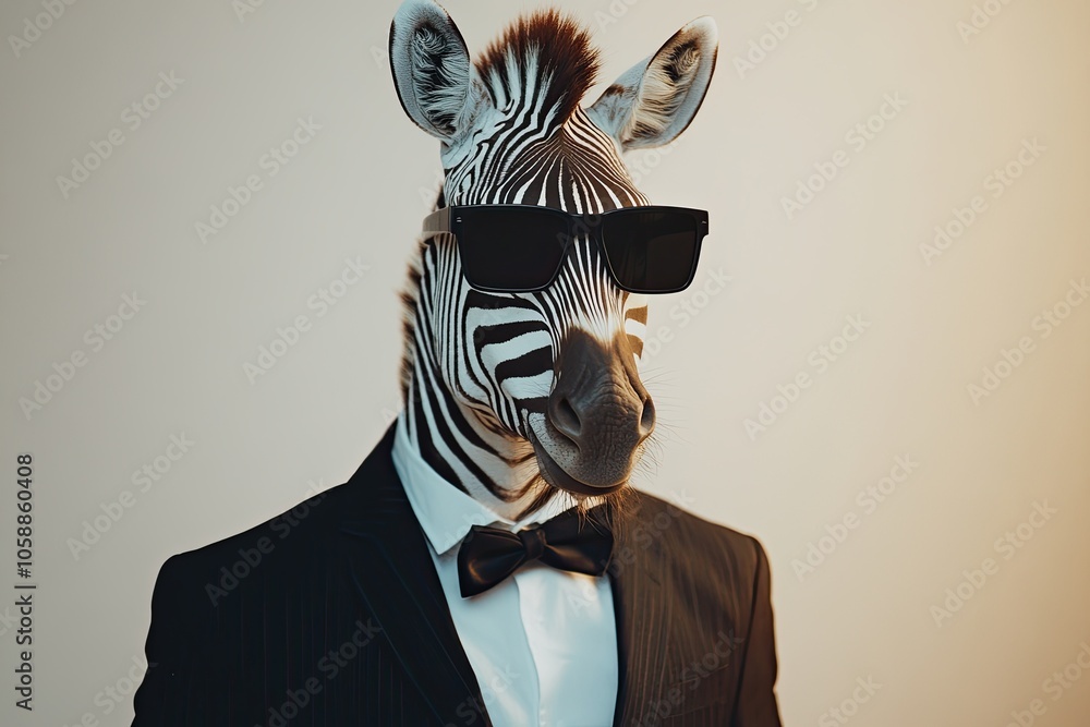 zebra in black sunglasses in a suit on a plain background. strong happy emotions. different tones. against a bright background. zebra in black sunglasses in a suit on a plain background. strong happy emotions. different tones. against a bright background.