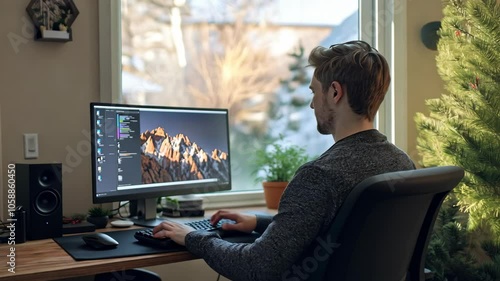 Wallpaper Mural A man works on his computer in a home office, with a mountain range displayed on the screen Torontodigital.ca