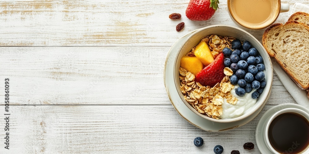 An overhead perspective shows a nutritious breakfast featuring a bowl filled with fruit, cereal, yogurt, coffee, bread, raisins, and blueberries, all set on a white wooden table. An overhead perspective shows a nutritious breakfast featuring a bowl filled with fruit, cereal, yogurt, coffee, bread, raisins, and blueberries, all set on a white wooden table.