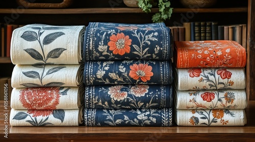 Traditional Indian block print design in three distinct colorways photo