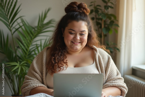 plump woman in a light cape with thick curly hair gathered in a high braid works at home at a laptop