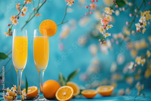 Mimosa cocktail with orange juice and champagne in glasses blue background with flowers space for text focused