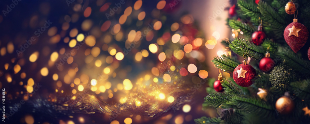 A decorated Christmas tree with ornaments and blurred lights in the background. A decorated Christmas tree with ornaments and blurred lights in the background.