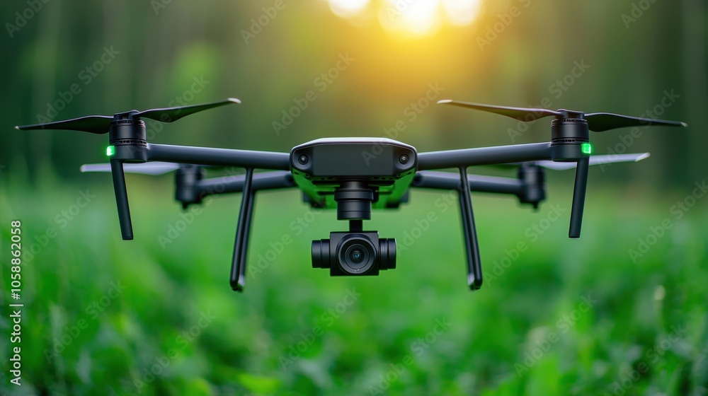 A sleek drone hovers over lush green grass, capturing the golden glow of sunlight in the background. A sleek drone hovers over lush green grass, capturing the golden glow of sunlight in the background.