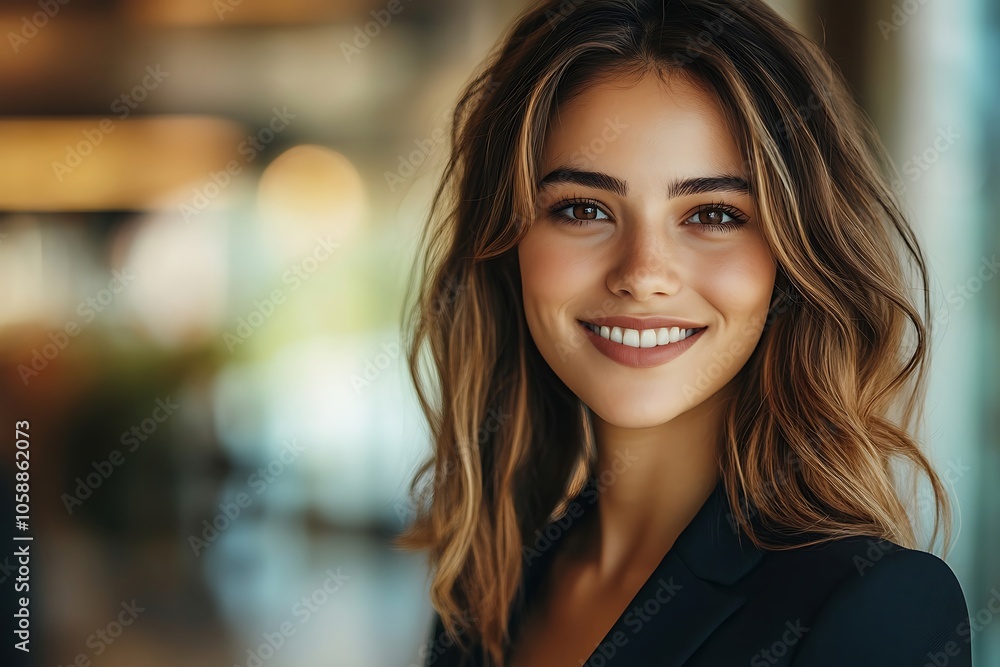 Stylish Woman with Long Wavy Hair and a Friendly Smile Stylish Woman with Long Wavy Hair and a Friendly Smile