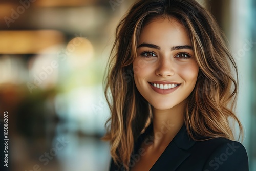Wallpaper Mural Stylish Woman with Long Wavy Hair and a Friendly Smile Torontodigital.ca