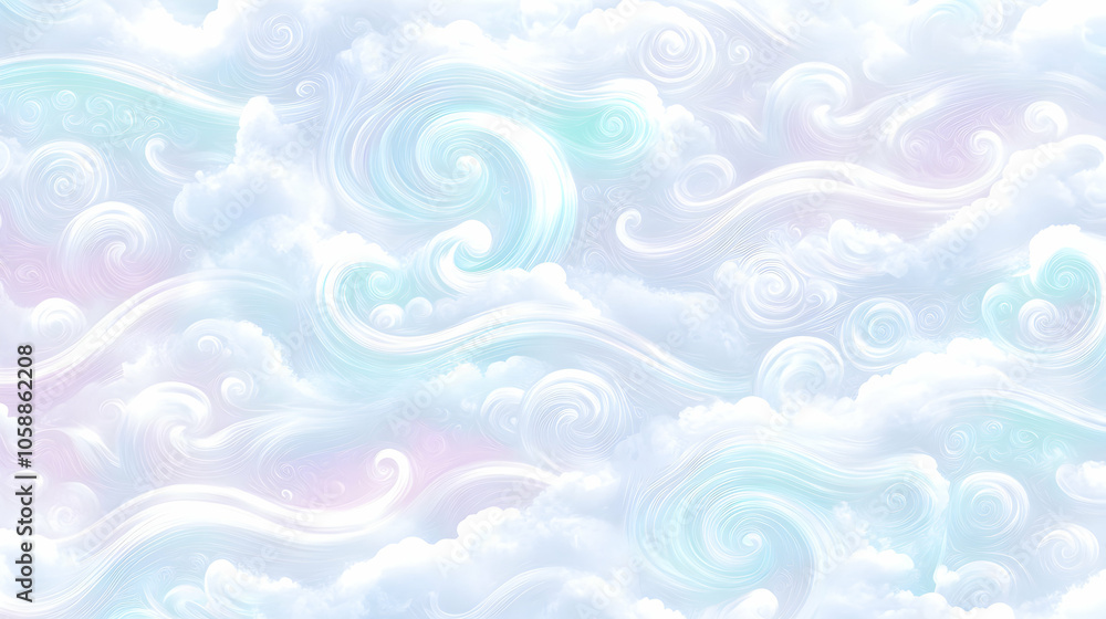 Abstract background of swirling clouds in soft blue and pink hues.