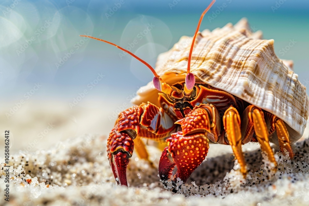 Paguroidea hermit crab in sandy beach shell Paguroidea hermit crab in sandy beach shell