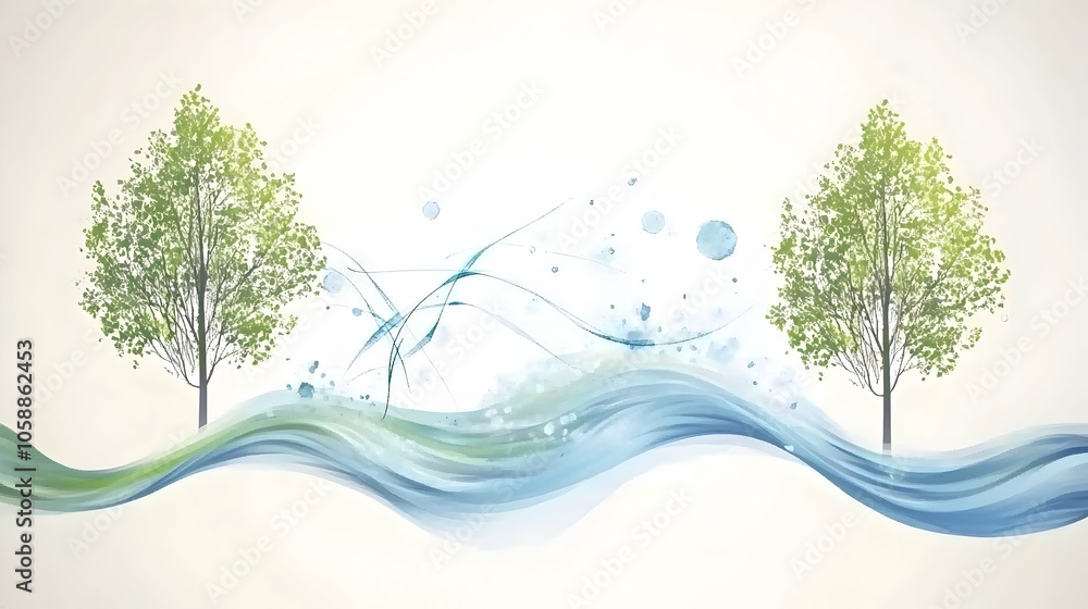 Abstract illustration of two trees with water wave in between. Abstract illustration of two trees with water wave in between.