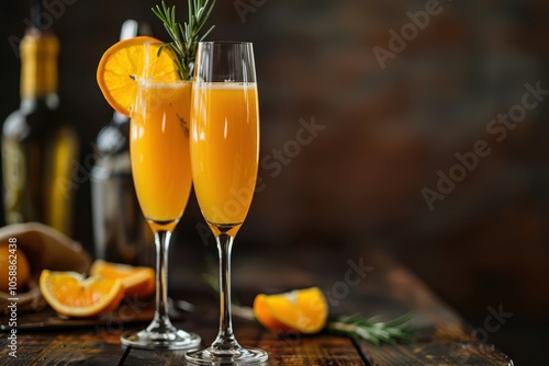 Photo of two mimosa cocktails in flute glasses with orange slice and rosemary twig on wooden bar against dark background Horizontal orientation with shallow depth of field and room