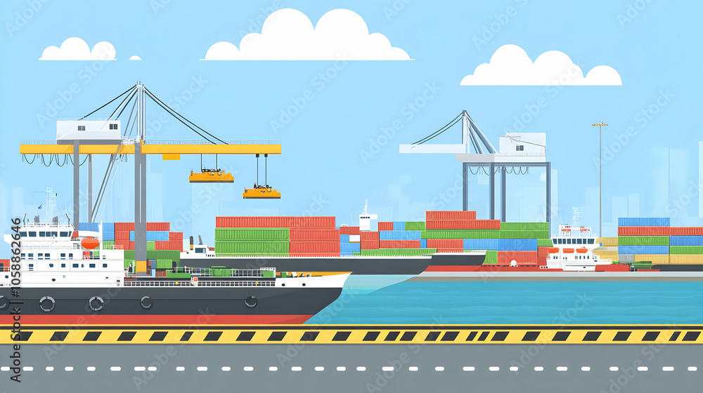 Fototapeta premium Cargo ship docked at a busy port with cranes loading and unloading containers.