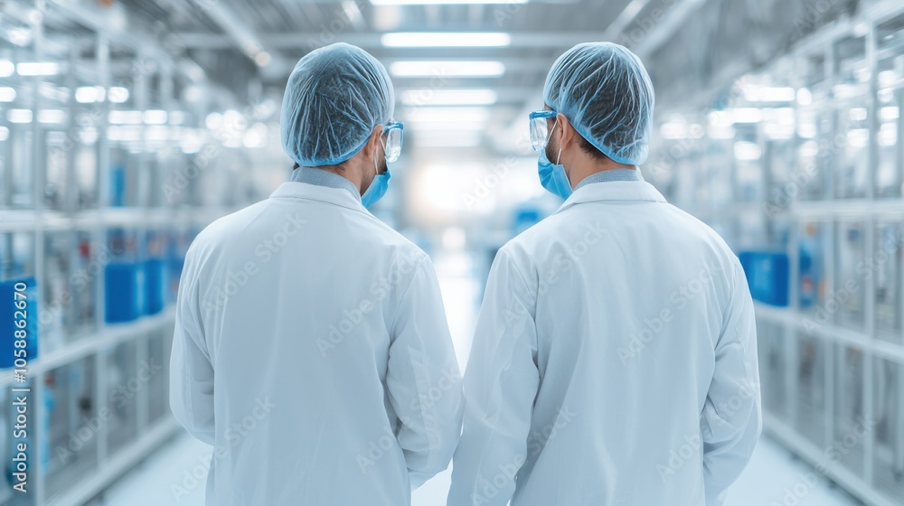 Two scientists in white lab coats and safety gear are observing a sterile environment in a modern laboratory. Two scientists in white lab coats and safety gear are observing a sterile environment in a modern laboratory.