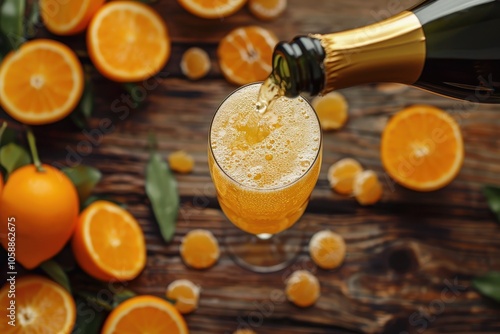 Refreshing summer drinks with top view of oranges and champagne on wooden table