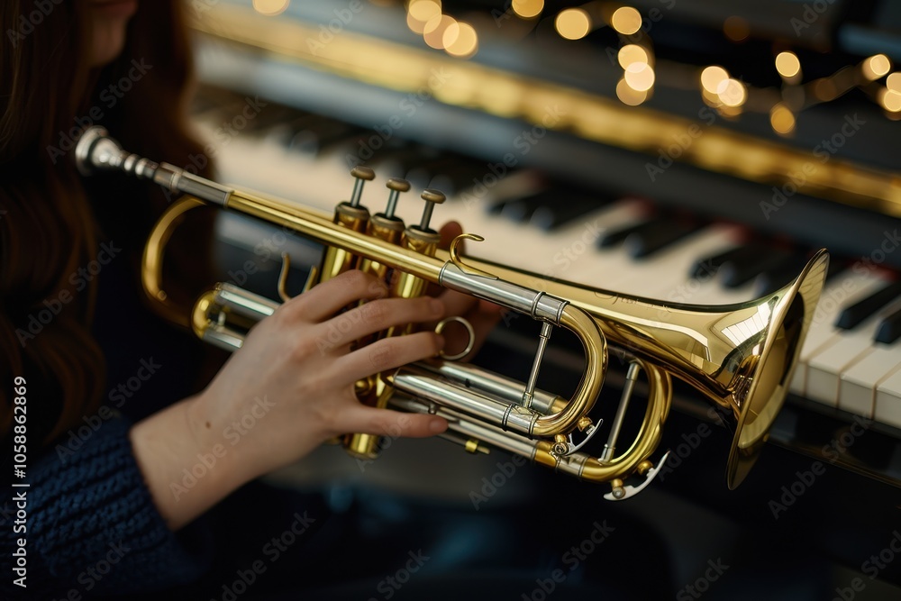 Obraz premium Selective focus on a golden flugelhorn held by a girl at a black piano In the background blurred keyboard Represents creativity