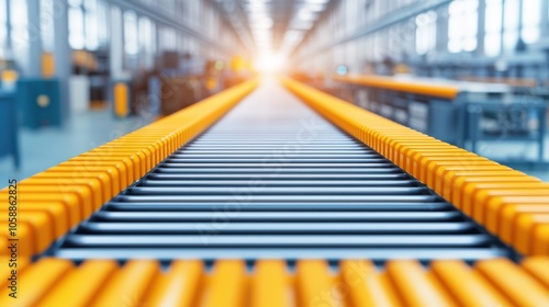 A blurred perspective of a conveyor belt in a warehouse, with bright light illuminating the far end, suggesting movement and industrial efficiency. photo