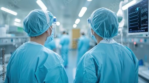 Two healthcare professionals in scrubs and masks are observed from behind, navigating a sterile medical environment with advanced equipment.