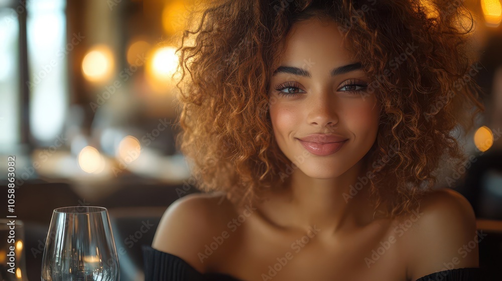 medium shot of a radiant girl with curly hair enjoying a fine dining experience in a high-end restaurant, exuding elegance and sophistication in a beautifully set atmosphere medium shot of a radiant girl with curly hair enjoying a fine dining experience in a high-end restaurant, exuding elegance and sophistication in a beautifully set atmosphere