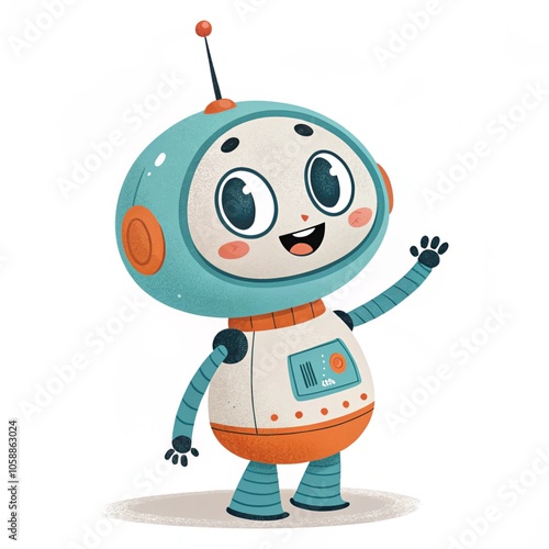 Robot greeting with hand in cartoon style. Robot isolated on a white background