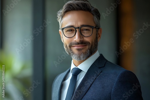 Successful Businessman in Blue Suit and Glasses Smiling Confidently