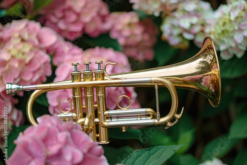 The flugelhorn is displayed in front of pretty pink flowers photo