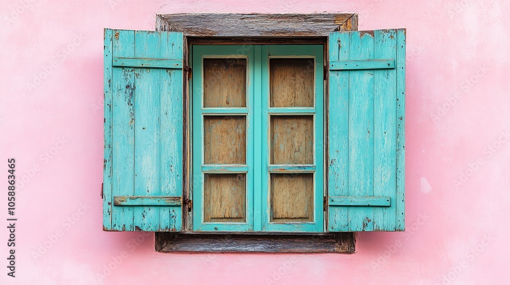 Obraz premium A Rustic Turquoise Window with Open Shutters