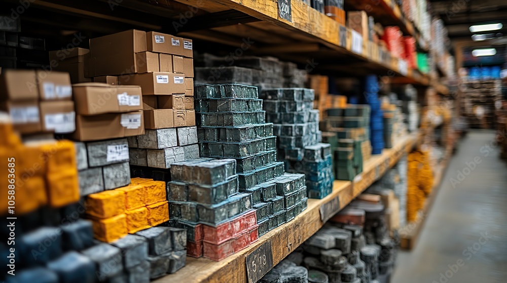 Various building and industrial supplies, including bricks and pipes, are displayed for sale at hardware store Various building and industrial supplies, including bricks and pipes, are displayed for sale at hardware store