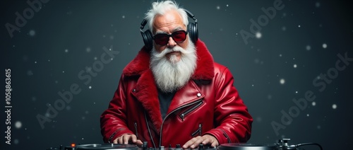 A festive Santa Claus in a vibrant red jacket is DJing at a lively Christmas party. Snowflakes are falling around, creating a joyful and celebratory holiday atmosphere.

 photo