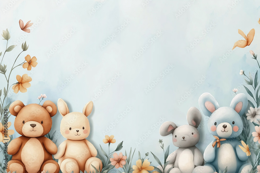 Teddy bears and bunnies sitting on the grass Teddy bears and bunnies sitting on the grass